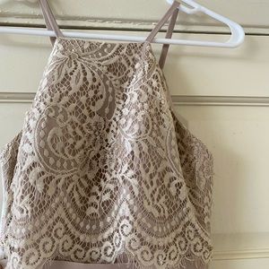 JJs House Taupe A-Line High Neck Floor-Length Chiffon and Lace Dress